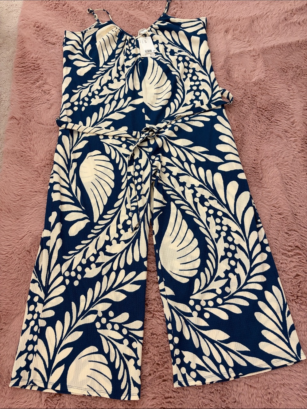 H&M Navy and White Tropical Print Wide-Leg Jumpsuit